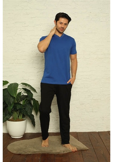 Akbeniz Erkek Sax V Yaka 3'Lü Pijama Takım 6822-Saks Saks Mavisi