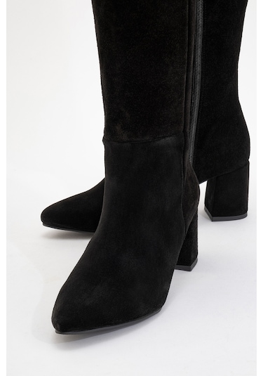 Sejas Siyah Hakiki Deri Süet Kadın Topuklu Çizme Siyah Süet