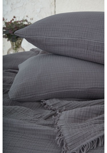 %100 Pamuk Çift Kişilik Müslin Yatak Örtüsü 4 Katlı Yumuşak Battaniye Müslin Pike Takımı 3 Parça Antrasit Koyu Gri