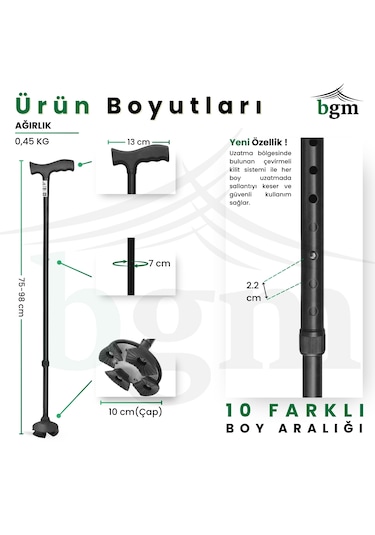 Siyah Akıllı Baston- Yüksek Kalite Denge Bastonu Lüks Parlak Siyah