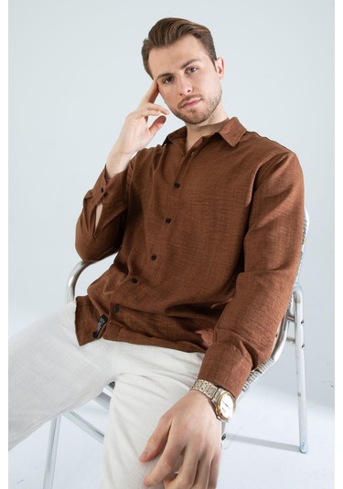 Rahat Kesim Keten Dokulu Gömlek Koyu Kahve