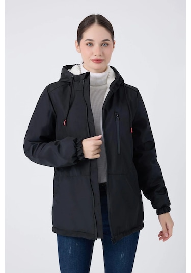 Kadın Kürklü Su Ve Rüzgar Geçirmez Kapüşonlu Kışlık Mont & Kaban & Parka Siyah