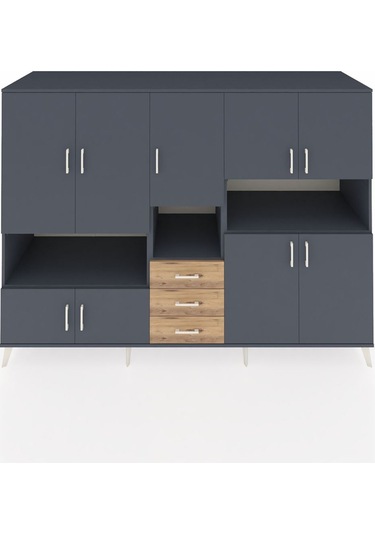 Kronos Dolap 13 Raflı 3 Çekmeceli 9 Kapaklı 220x59x163 Antrasit-a Antrasit-antrasit/çam