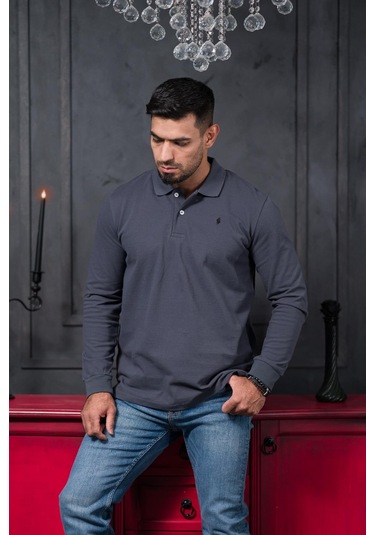 San&fa Regular Fit Polo Yaka Uzun Kol Pamuklu Baharlık Sweatshirt Antrasit