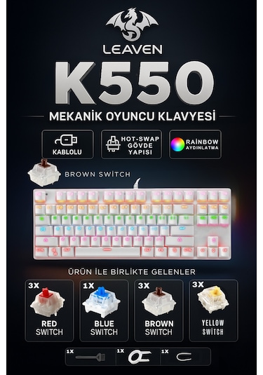 K550 Mekanik Oyuncu Klavyesi -değiştirilebilir Switch- Rainbow Rgb Aydınlatma-87 Tuş - Brown Switch