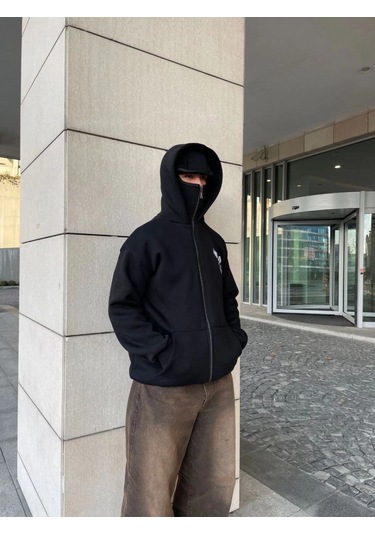 Mbb E-ticaret Erkek 3 İplik Samuray Kapüşonlu Zıp Fermuarlı Sweatshirt Hoodie - Siyah