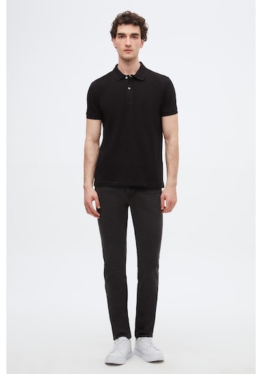 Ds Damat Regular Fit Siyah Pike Dokulu %100 Pamuk Kıvrılmaz Polo Yaka Nakışlı T-shirt 4HC14ORT51000 Siyah