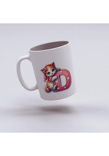 D Harfli Bardak, Sevimli Kedili Pembe Tasarım Bardak, Arkadaşa Aileye Hediye Porselen Beyaz