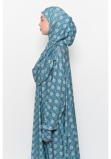 Pratik Tek Parça Güneş Desenli Kollu Tak Çıkar Başörtülü Likralı Tesettür Namaz Elbisesi 990-0302 Zümrüt Antrasit