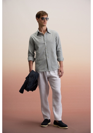Grımelange Perttu Erkek %100 Pamuk Slim Fit Dar Kesim Düğmeli Yaka Keten Görünümlü Flamlı Gri Gömlek Gri