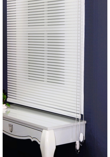 Çift Mekanizmalı Kalın Çizği Tül & Mat Beyaz Stor %80 Işıgı Keser