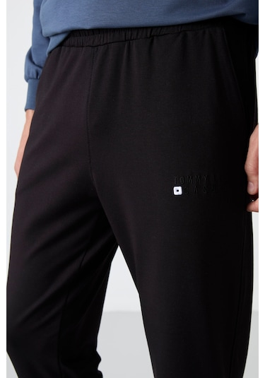 Tommy Life Petrol - Siyah Casual O Yaka Lastik Paça Pamuklu Erkek Oversize Eşofman Takımı - 85120 Petrol Mavi