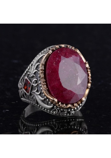 Gerçek Doğal Taş Yüzük - El Yapımı 925 Ayar Gümüş Yüzük - El Yapımı Yüzük Yakut Gümüş