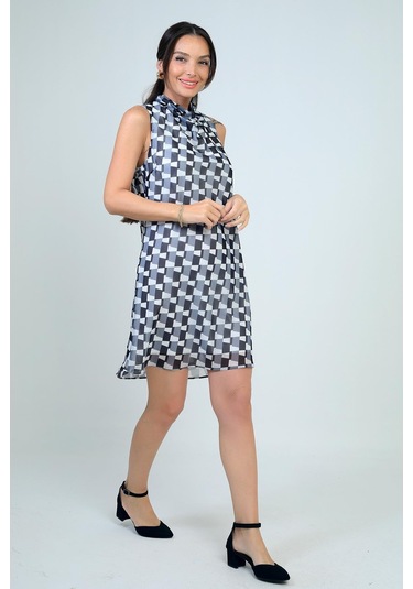 Kadın Degaje Yaka Astarlı Desenli Kısa Şifon Elbise-41786 Siyah