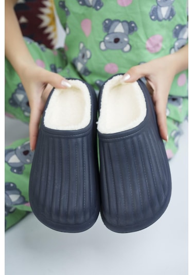 Modafrato Flora Kapalı İçi Yünlü Unisex Ev Terliği Kışlık Terlik Su Geçirmez Lacivert