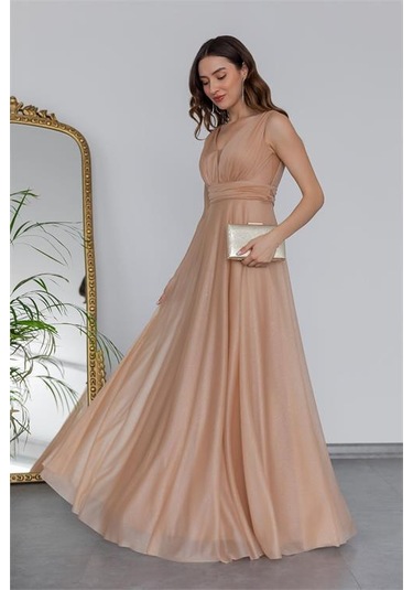 Dipmoda Kadın Gold Drapeli Tül Abiye Elbise Dp2030 Sarı