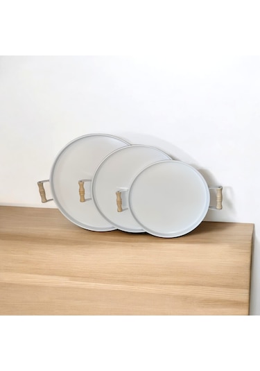 Tepsi Seti Ahşap Kulplu Metal Çay Tepsisi Kahve Tepsisi Sunum Kah