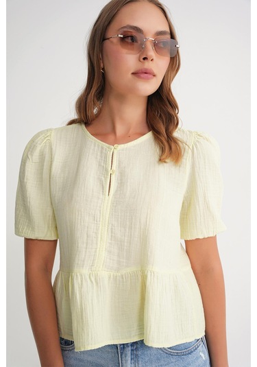 4713 Kadın Beli Büzgülü Kolu Lastikli Bol Müslin Bluz Pastel Sarısı Pastel Sarısı