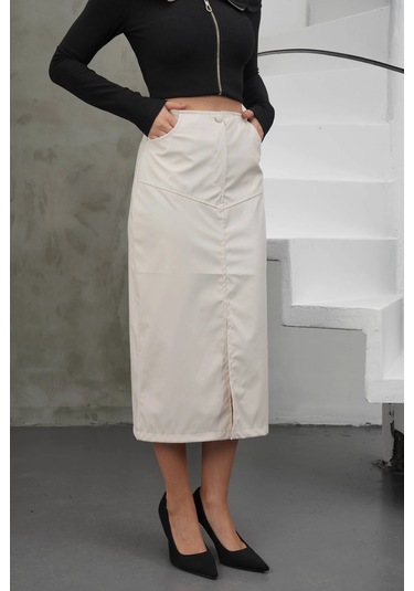 Yırtmaçlı Uzun Deri Etek Krem Krem