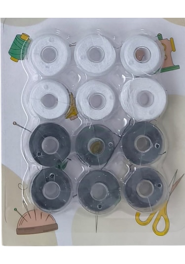 Büro Ev Ofis Dikiş Maknesi İçin 6 Siyah 6 Beyaz İpli Plastik Masura Seti