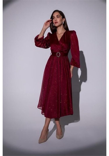 Dipmoda Kadın Kemerli Kruvaze Yaka Simli Gece Elbisesi Dpnbmy3590 Bordo