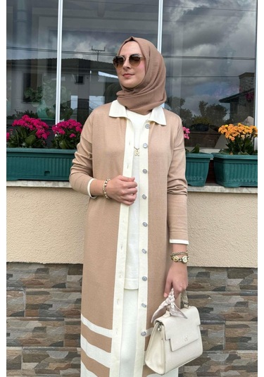 İmge Çizgili Triko Hırka Bej Çok Renkli