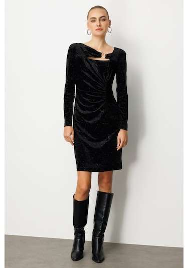 Ekol Kadın Önü Büzgülü Kadife Elbise 4035 Siyah Siyah