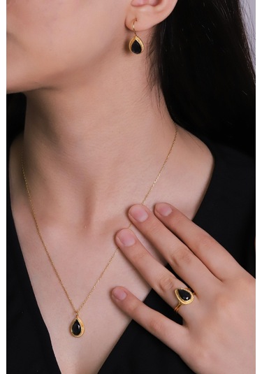 Beyisa Güneş Taşı Serisi Sarma Damla Kesim Siyah Oniks 22 Ayar Altın Kaplama Kadın Üçlü Set