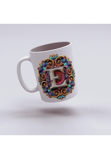 E Harfi Boho Bardak, Renkli Özel Tasarım Hediyelik Harfli Kupa, 330ml Porselen Beyaz