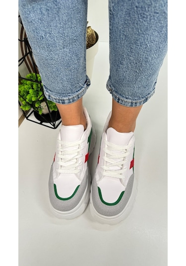 Günlük Kadın Sneaker Kalın Yüksek Taban Bağcıklı Rahat Tiger Şeritli Spor Ayakkabı 032 08-taş Yeşil Kırmızı