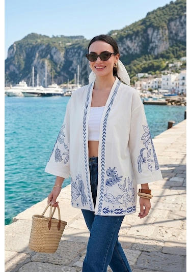 Lela Nakış Işlemeli Pamuklu Oversize Fit Truvakar Kol Bayan Kimono 676302 Ekru