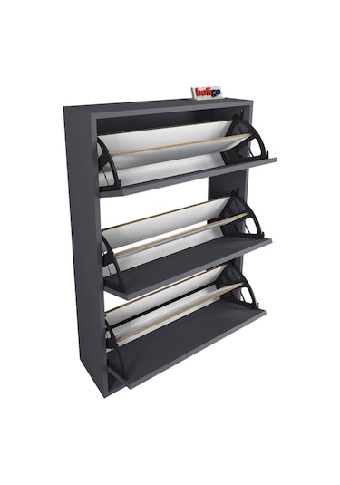 Bofigo Düşer Kapak Ayakkabılık Kayar Raflı Ayakkabılık 3 Bölmeli Ayakkabılık Melek Antrasit