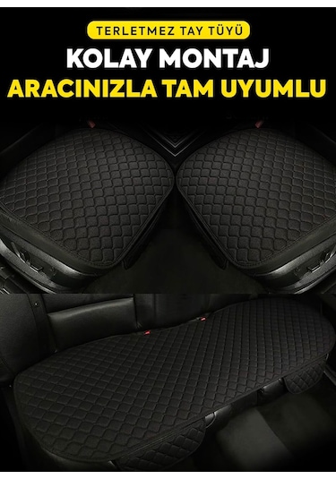 Tay Tüyü Cepli & Terletmez Oto Koltuk Minder Seti - Koltuk Koruma Kılıfı 3'lü Set Siyah-siyah