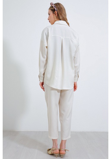 Bigdart Kadın Ekru Oversize Keten Alt Üst Takım 6622 001