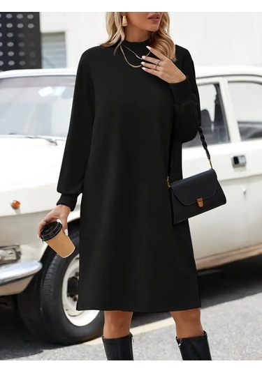 Stilaura Kadın Uzun Kollu Balıkçı Yaka Kısa Şardonlu Dalgıç Elbise Siyah