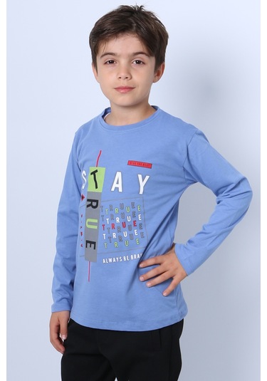 Hçm Erkek Çocuk Uzun Kollu Tshirt Stay True Baskılı Bisiklet Yaka E29 İndigo
