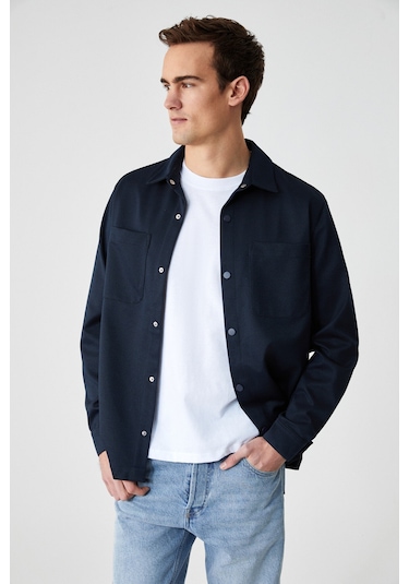 Jakarı Erkek Regular Fit Standart Kesim Klasik Yaka Desenli Çıtçıtlı Lacivert Gömlek