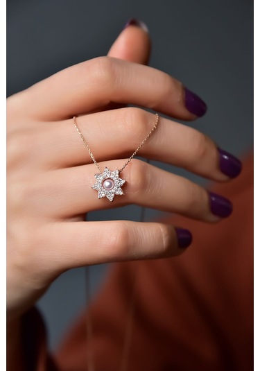 925 Ayar Gümüş Rose Kaplama Zirkon Taşlı Montür İncili Güneş Kolye