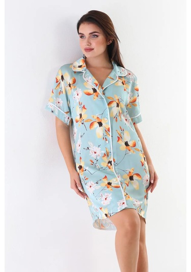 Laperissa Kadın Çiçek Desenli Saten Dokuma Düğmeli Gömlek Gecelik Çok Renkli
