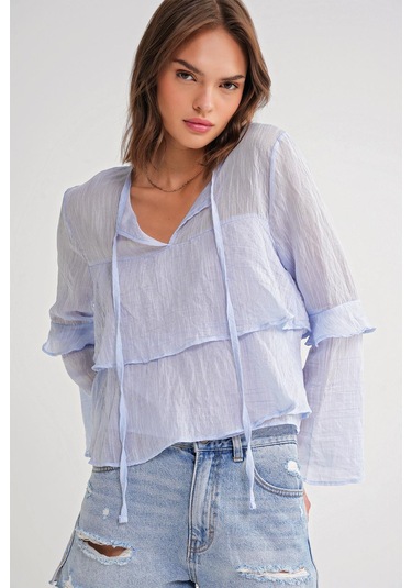 4735 Kadın Uzun Kollu Fırfırlı Bağlamalı Bluz Bebe Mavi Bebe Mavi