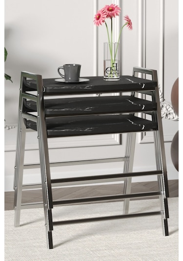 Zigon Sehpa , Aden 3'lü Tepsi Zigon Sehpa Takımı Gümüş Metal - Siyah Mermer Tabla Gümüş-siyah Mermer