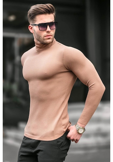 Madmext Camel Renk Balıkçı Yaka Erkek Triko Kazak 6306 Bisküvi