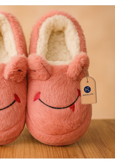Kadın Pembe Peluş Panduf Ev Terliği Kışlık Sıcak Tutucu, Kaymaz Taban, Sevimli Tasarım Pembe
