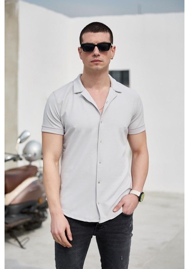 Gri Renk Dokulu Kısa Kol Erkek Gömlek-1584 Gri
