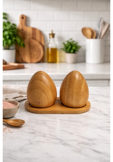 Makri Home Bambu Tuzluk & Karabiberlik Seti, Damla Tasarım, Stantlı Doğal Bambu Baharatlık Diğer