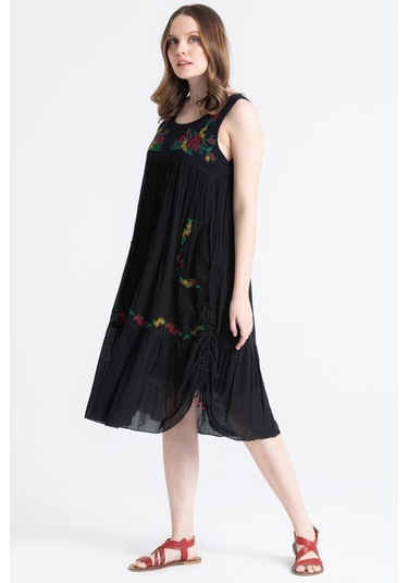 Kolsuz Vual Ahsen Nakışlı Midi Boy Elbise Siyah Syh-siyah