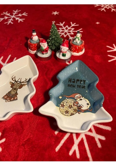Yılbaşı Temalı 2'li Ağaç Tasarımlı Desenli Seramik Sunum Servis Tabağı 17x12 Cm Geyikli Ve Noel Babalı
