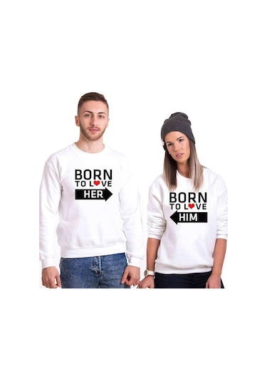 Tshirthane Born Sevgili Kombinleri Unisex Sweatshirt Kırık Beyaz