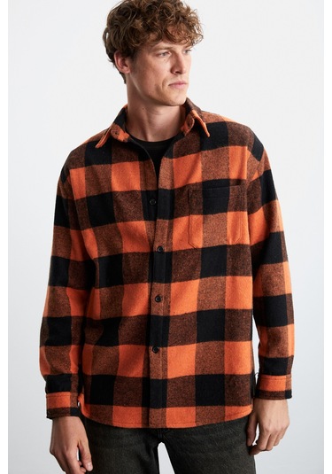 Wıldy Erkek Pamuk-polyester Gömlek Yaka Relaxed Oduncu Turuncu Gömlek