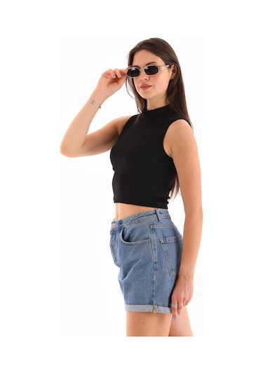 Kadın Likralı Kolsuz Crop Bluz Siyah